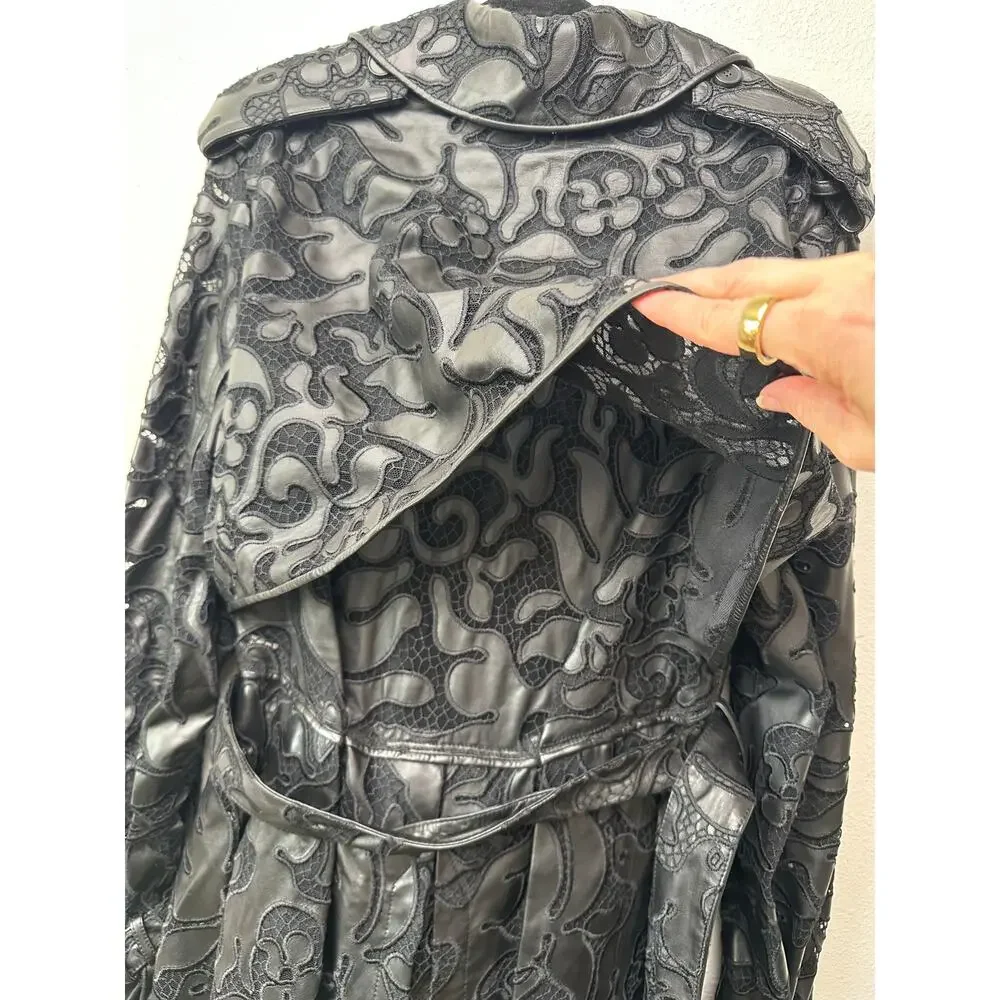 Alexander McQueen Black Leather Lace Belted Trench Coat Made in Italy 14 - Picture 8 of 16
